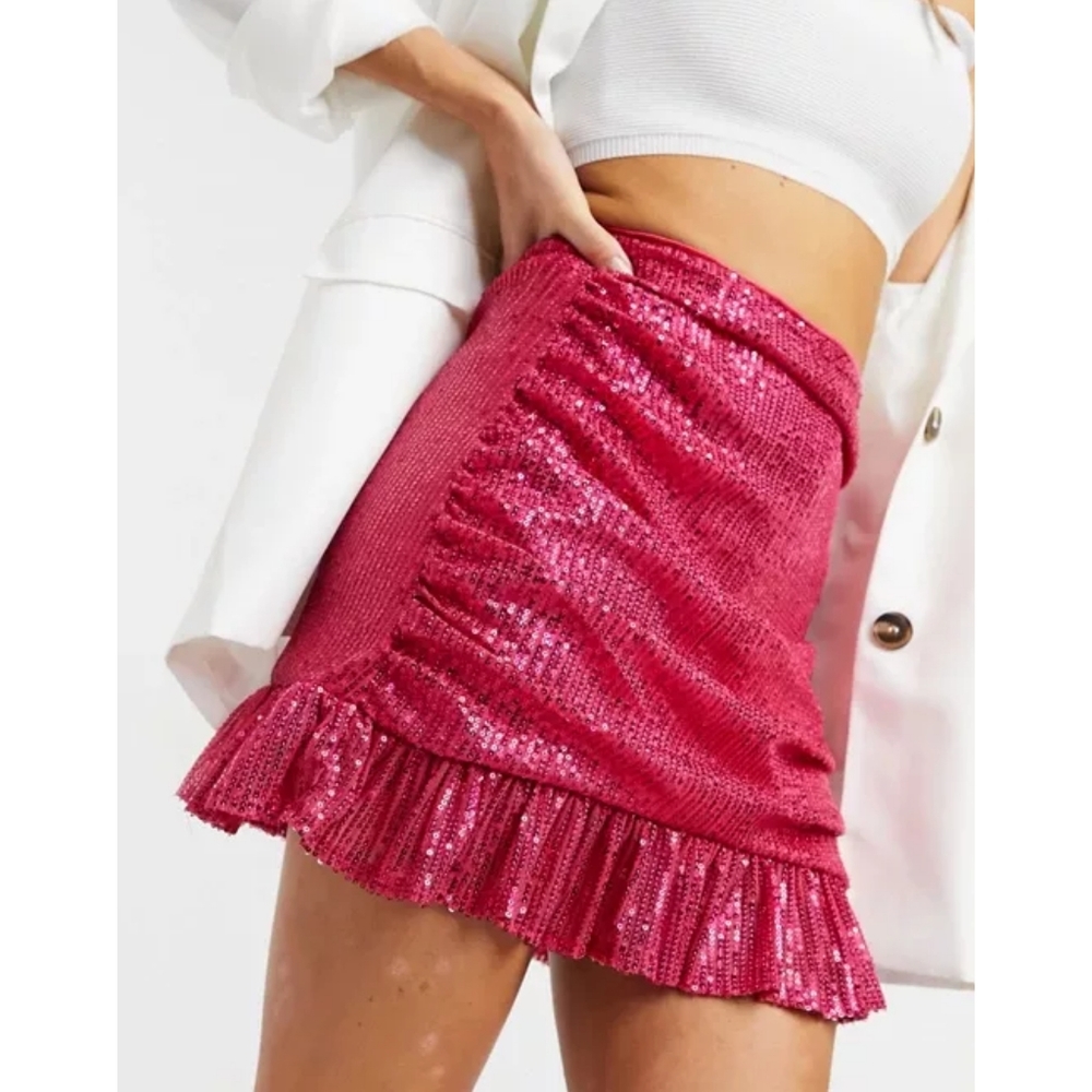Lola May Hot Pink Sequin Ruched Ruffled Mini Skirt Size 14